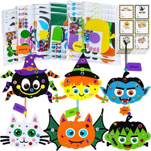 Winlyn 24 Sets Halloween Craft Kits Fall Crafts Autumn Kids Crafts DIY Spider Bat Witch Pumpkin Crafts Foam Stickers Halloween Arts and Crafts for Kids Classroom Activities Art Project Party Favors