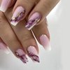 Coffin Press on Nails Medium Fake Nails with Purple Marble Designs Acrylic Nails Press ons Glossy Glue on Nails Pink Translucent False Nails Artificial Stick on Nails for Women 24Pcs