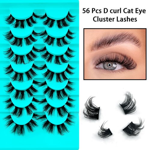 Clusters Lashes Flu-ffy D Curl DIY Individual Lashes, Cat-Eye 20mm Long Volume Eyelashes Cluster that Look Like Extensions, 56 Pcs Dramatic Fake Eyelashes Clusters(7B-FD-BH02)
