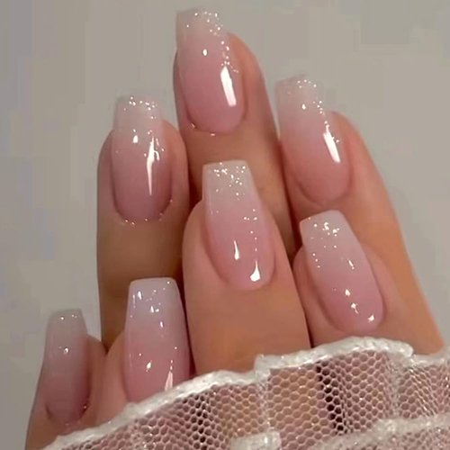 RUPOFUZA Medium Press on Nails Coffin Fake Nails 24Pcs Ombre Pink Square False Nails with Gloss D...
