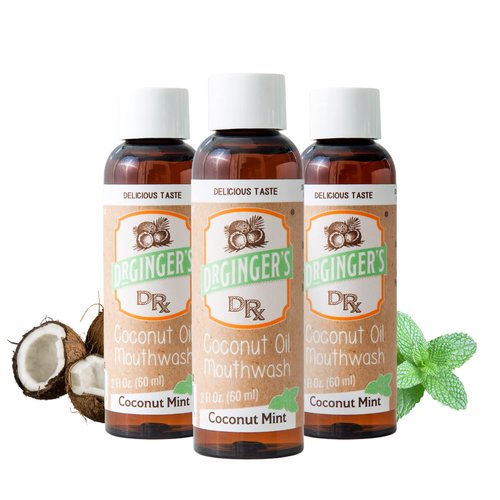 Dr. Ginger's Coconut Oil Pulling Mouthwash, Travel Size, All-Natural Formula for Tongue and Gum Health, Fights Bad Breath and Whitens Teeth, Alcohol and Fluoride-Free, Coconut Mint Flavor 2fl oz, 3ct