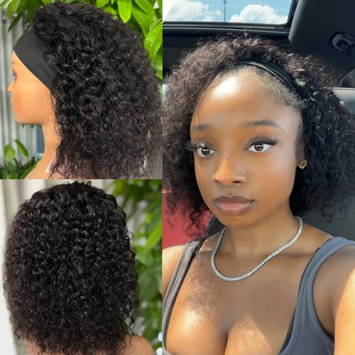 Punmasa Headband Wig Human Hair Deep Wave 12 Inches None Lace Front Wig Human Hair Machine Made Wigs 150% Density Headband Curly Human Hair Wigs for Women Natural Color Half Wigs