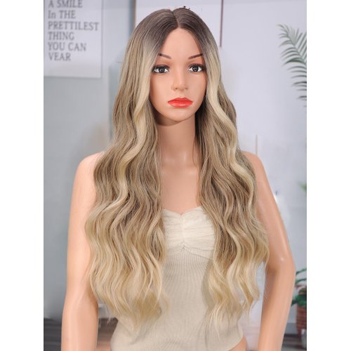 XIXIBI Blonde Wigs for Women Long Ombre Blonde Wavy Wig with Dark Roots Lace Front Hairline Womens Charming Wigs Natural Looking Blond Synthetic Heat Resistant Fiber Wig for Daily Party Use 26 Inch