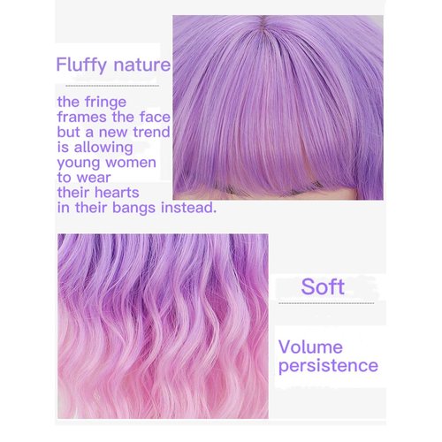 Tangyaoyusun 16Inch Short Wavy Wig with Bangs Shoulder Length Bob Curly Synthetic Wigs with Natural Wavy Hair Rose Net for Daily Party Use (Ombre Light Purple)