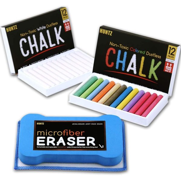 Huntz Dustless Chalk With Microfiber Eraser (Washable & Reusable) (12 White Chalks + 12 Colored Chalks + Eraser)