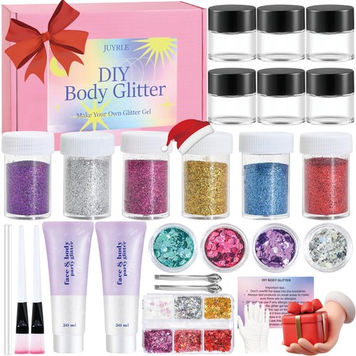 JUYRLE Body Glitter, Face Glitter- 31Pcs DIY Body Glitter Making Kit, Makeup Glitter Gel Hair Glitter Eye Glitter Sequins Mermaid Gel Make Your Own Body Glitter Gifts for Women Festival, Rave, Party