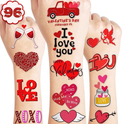 106 PCS Valentines Day Love Temporary Tattoos Stickers Theme Birthday Party Decorations Favors Supplies Decor Cute Red Heart Tattoo Sticker Gifts For Boys Girls School Prizes Couple Anniversary