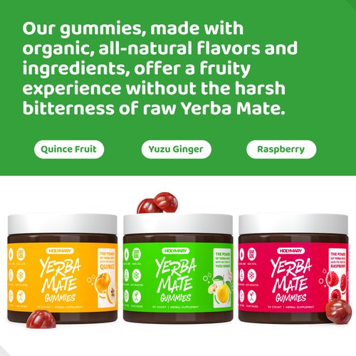 Yerba Mate Gummies - Yuzu & Ginger Flavor for Energy, Focus, Immunity & Cardio Health | Vegan, Non-GMO, Gluten-Free - 50 Natural Supplement Gummies