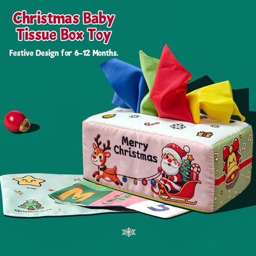 Waybla Christmas Baby Toy for 6-12M – Christmas Tissue Box Sensory Pull Toy with Crinkle Papers, Handkerchiefs & Scarves – Ideal Stocking Stuffer for Toddlers
