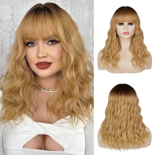 Ninroc Ombre Blonde Wavy Wig with Bangs, 16 inch Shoulder Length Ombre Blonde Bob Wigs for Women,...