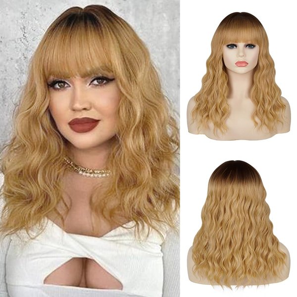 Ninroc Ombre Blonde Wavy Wig with Bangs, 16 inch Shoulder Length Ombre Blonde Bob Wigs for Women, Synthetic Wig Natural Looking Wigs For Daily Party Use