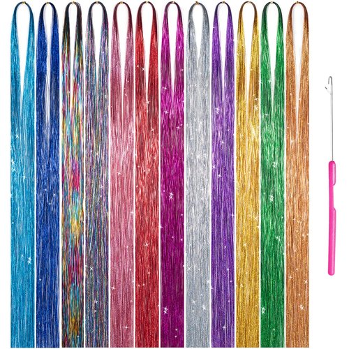 Sparkling Shiny Multi-Colors Hair Tinsel Strands - 12 Colors, 2800 Strands, Colored Party Highlights, Glitter Bling Synthetic Hair Streaks