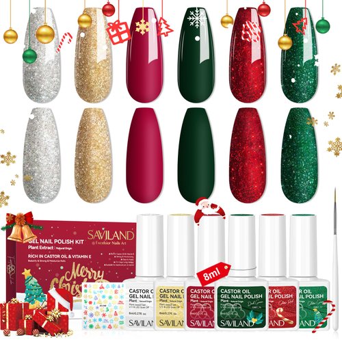SAVILAND Christmas Gel Nail Polish Set: 6 Color Glitter Red Green Gold Silver Gel Polish Nail Art Stickers Liner Brush Castor Oil Vitamin E Nail Kit Party Christmas Limited Series Gifts