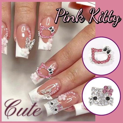 dreamynini Kitty Nail Charms 25Pcs Kawaii Nail Charms for Acrylic Nails Y2K 3D Nail Rhinestones Gems Silver Diamond Nail Jewelry DIY Nail Art Decoration Supplies for Girls and Women
