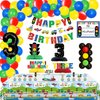 Transportation Birthday Party Supplies for 3 Years Old, Includes Happy Birthday Banners, Centerpieces, Tablecloths, Cake Toppers and 76 Balloons for Kids Transportation Theme 3rd Birthday Party