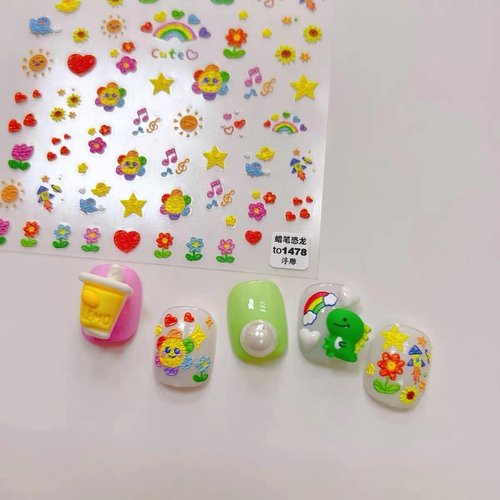 Sunflower Nail Art Stickers Candy Color Cartoon Smiling Face Sun Flower Colorful Flower Self-Adhesive Nail Stickers Cute Cartoon Dinosaur Nail Art Stickers for Nail Art Decoration (3 Sheets)