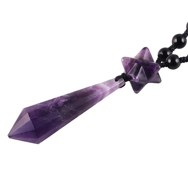 SUNYIK Merkaba Healing Crystal Point Stone Pendant Necklace for Women Men, Adjustable Nylon Rope Necklace Pendulum for Divination, Amethyst