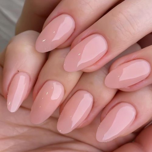 GLAMERMAID Nude Pink Press On Nails Short Almond, Handmade Jelly Soft Gel Nails Round Oval Fake Nails, Natural Pure Pink Stick Glue on Nails for Women, 30 Pcs Glossy Reusable Round Oval False Nail Kit