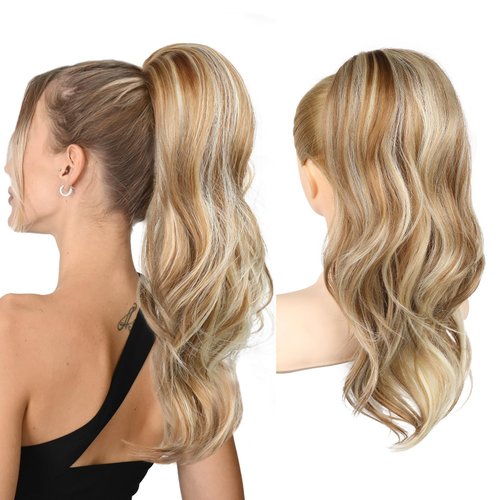REECHO Ponytail Extension, Drawstring Ponytail Extension Long Wavy Layered Pony Tails Hair Extensions 22inch Natural Fake Ponytail Clip in Synthetic Hairpiece for Women, Golden Blond with Ash Blonde