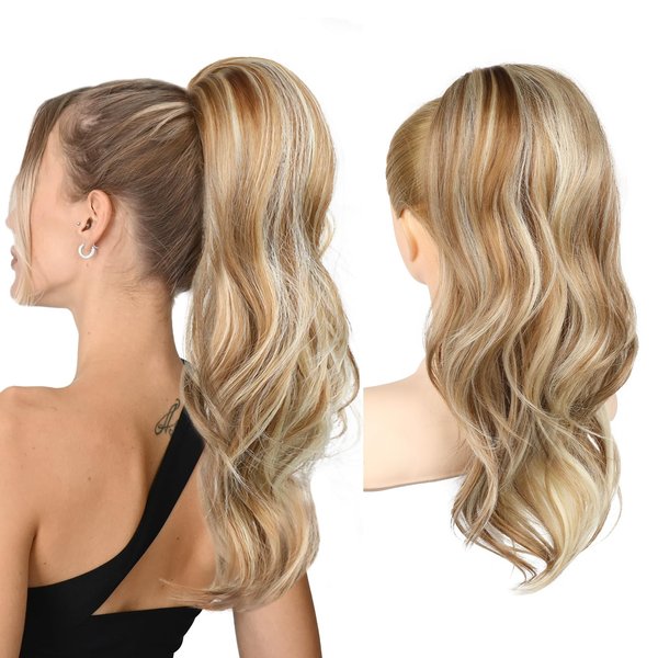 REECHO Ponytail Extension, Drawstring Ponytail Extension Long Wavy Layered Pony Tails Hair Extensions 22inch Natural Fake Ponytail Clip in Synthetic Hairpiece for Women, Golden Blond with Ash Blonde
