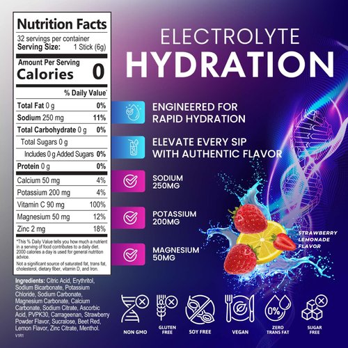 Electrolytes Powder Hydration Packets | Sugar Free Recovery Electrolyte Drink Mix Powder Replenisher in Convenient On the Go Hydration Packets | Non-GMO, Vegan, Keto, Strawberry Lemonade - 32 Servings