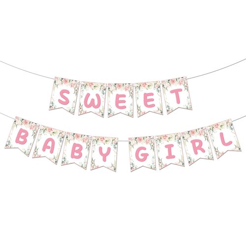 Kaakswa Sweet Baby Girl Banner, Baby Shower Gender Reveal Party Banner For Girls, Sweet Pink Floral Flowers First Birthday party supplies