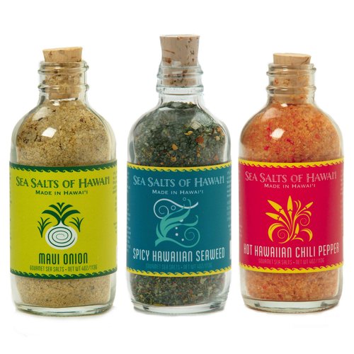 Sea Salts of Hawaii Variety 3 Pack, Maui Onion Salt, Hawaiian Chili Pepper Salt, Spicy Seaweed Flavored Hawaiian Sea Salt