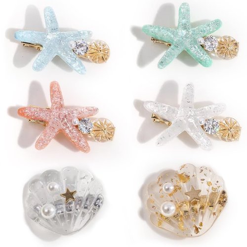 6Pcs Girl Hair Clip Artificial Ocean Pearl Shell Starfish Clip Diamond Super Flash Edge Clip Temperament Bangs Clip Hair Ornament Headdress