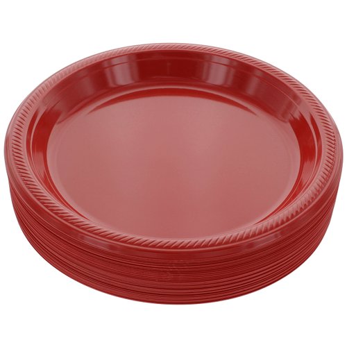 Amcrate Disposable Plastic Plates Red, 10.4 Inches Plastic Dinner Plates, Strong and Sturdy Disposable Plates for Party, Dinner, Holiday, Picnic, or Travel Party Plates, Pack of 50