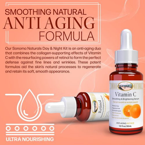 Sonoma Naturals Vitamin C and Retinol Serum for Face, 1 oz. two-pack | Day & Night Kit | Smoothing Natural Anti-Aging Formula | Facial Serum for All Skin