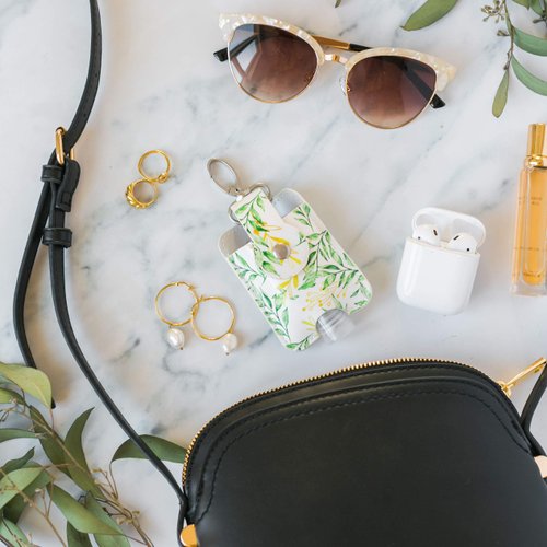 VENTURED LIVING Hand Sanitizer Holder Keychain Set of 2 - Premium Vegan Leather & Leakproof Empty 1 oz Hand Sanitizer Bottles - Mini Travel Hand Sanitizer Keychain Holder for Backpack & Purse (Floral)