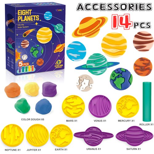 VConejo Color Dough Sets for Kids Ages 2-4, Planets Theme Color Dough Tool Set for Kids Ages 4-8, Color Dough Accessories Toys for Ages 5-7 Boys Girls Toddlers 14 Piece