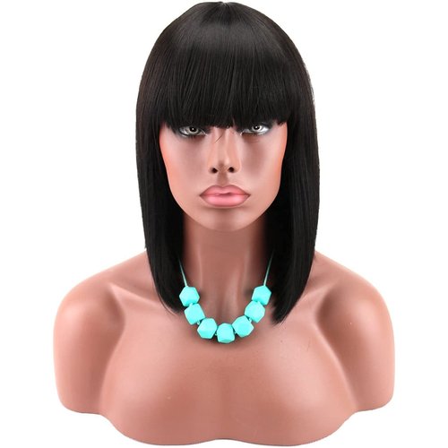 Kalyss Women's Short Black Bob Wigs with Hair Bangs Synthetic Full Hair Wig Heat Resistant Short Straight Black Wig for Women