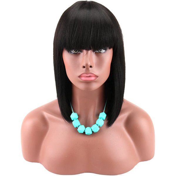 Kalyss Women's Short Black Bob Wigs with Hair Bangs Synthetic Full Hair Wig Heat Resistant Short Straight Black Wig for Women