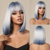 BERON Blue White Ombre Short Wigs Straight Bob Ombre Color Hair Wig for Women Wigs with Bangs Synthetic Daily Use Wigs Wig Cap Include