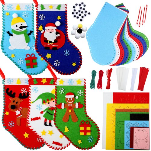 10 Pieces Felt Christmas Craft DIY Christmas Felt Stockings with Ornaments Handmade Sewing Sock Kits for Kids Christmas Favors Decorations Crafts Kits Christmas Party Hand DIY Supplies, 5 Styles