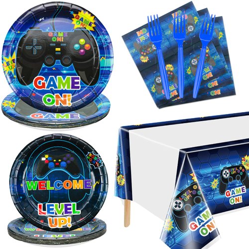 Video Game Party Supplies Serve 20-81Pcs Plates Napkins Tablecloth Forks Set for Boys Game Gaming Controller Party Supplies