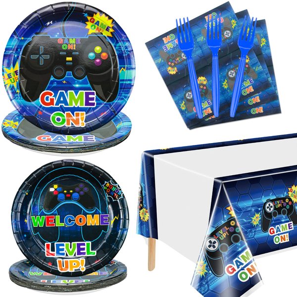 Video Game Party Supplies Serve 20-81Pcs Plates Napkins Tablecloth Forks Set for Boys Game Gaming Controller Party Supplies