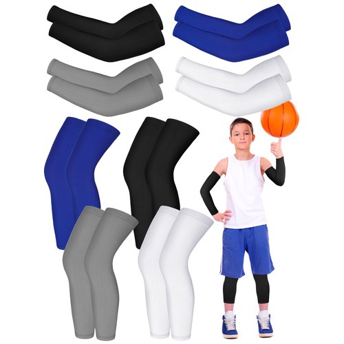 8 Pairs Kids Arm Sleeves and Basketball Leg Sleeves Set Non Slip Long Compression Leg Sleeves for Boys Girls Youth (White, Black, Blue, Gray,Small)