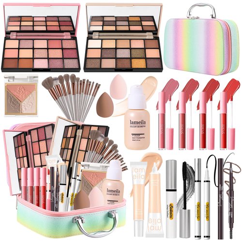 Makeup Kit for Women, Makeup Full Kit for Beginners Teens Girls, Makeup Bundle Include 2 Matte & Shimmer Eyeshadow Palettes, Blush Contour Highlighter Palette, Lip Gloss Set, Concealer - Rainbow Case