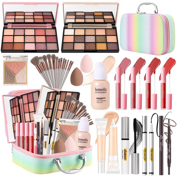 Makeup Kit for Women, Makeup Full Kit for Beginners Teens Girls, Makeup Bundle Include 2 Matte & Shimmer Eyeshadow Palettes, Blush Contour Highlighter Palette, Lip Gloss Set, Concealer - Rainbow Case