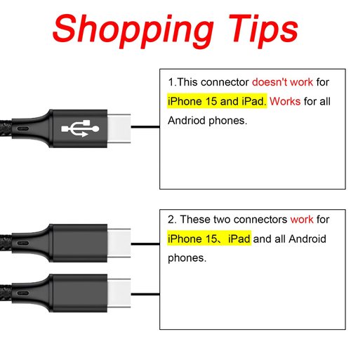 4FT 2Pack USB A to Multi 3 Type C Splitter Cable, 3 in 1 Multi Charging Cable Nylon Cord, USB A to 3 USB C Port Compatible with Apple i-Phone 15,iPad Pro/Air,Sam-Sung S24 S23,Moto,Google Pixel 8,LG