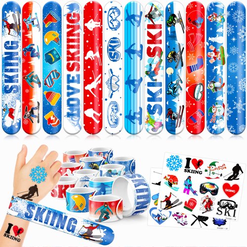 Cherisnowy 48 Skiing 24PCS Skiing Temporary Tattoos Sticker 24PCS Slap Bracelets Perfect for Themed Birthday Party Favors Baby Showers or Classroom Rewards Ideal Decor and Gifts for Girls and Boys