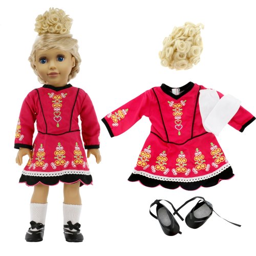 Dress Along Dolly 4pc Irish Step Dancing 18" Doll Outfit- American Clothes & Accessories Set Includes Dance Dress, Blonde Hairpiece, Gillies, & Leggings- Perfect Girl Gift Set for Less
