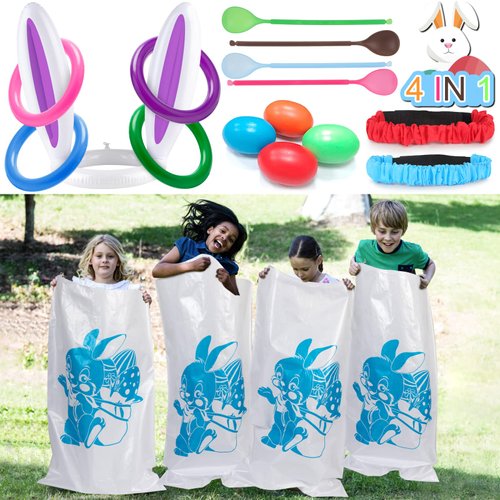 NEWBEA 11Pcs Easter Games Outdoor for Kids Adult Family,4 Bunny Sack Race Bags,4 Egg and Spoon Race Game,2 Legged Relay Race Bands,1 Bunny Ears Ring Toss Outside Eggs Hunt Game Party Favor