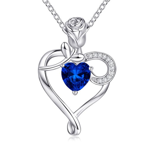 NINAMAID Birthstone Necklaces for Women 925 Sterling Silver Heart Necklace with Rose flower Mom Birthday Gifts for Women Mom Her Sister