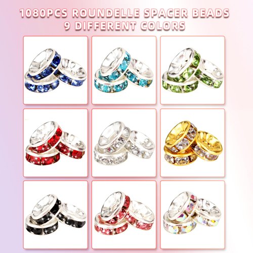 1080PCS 8MM Rondelle Spacer Beads for Jewelry Making,Crystal Bead Spacer for Jewelry Making Necklaces, Bracelet Pendants, 9 Colors