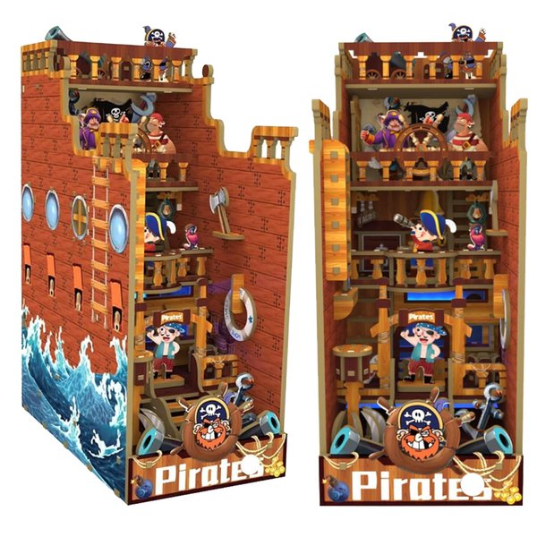 DIY Book Nook Kit, Bookshelf Insert Decor, 3D Wooden Puzzle Bookends Miniature Dollhouse Kit for Adults Teens (Pirates)