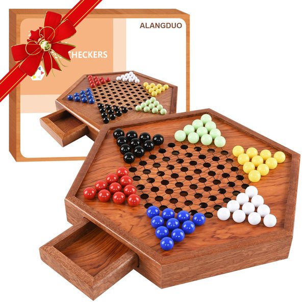 12.7 Inches Wooden Chinese Checkers with Drawers 12 Bonus Spare Marbles| Natural Wooden Board Game| includes 60 Colorful Glass Marbles | Family Board Game for Kids and Adults