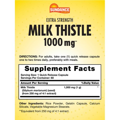 Milk Thistle 1000mg | 60 Quick Release Capsules | Traditional Herbal Supplement | Non-GMO and Gluten Free Formula | by Sundance